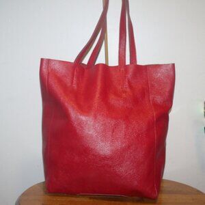 Large Soft True Red Pebbled Leather Shopper Tote Shoulder Bag w Snap in Pocket
